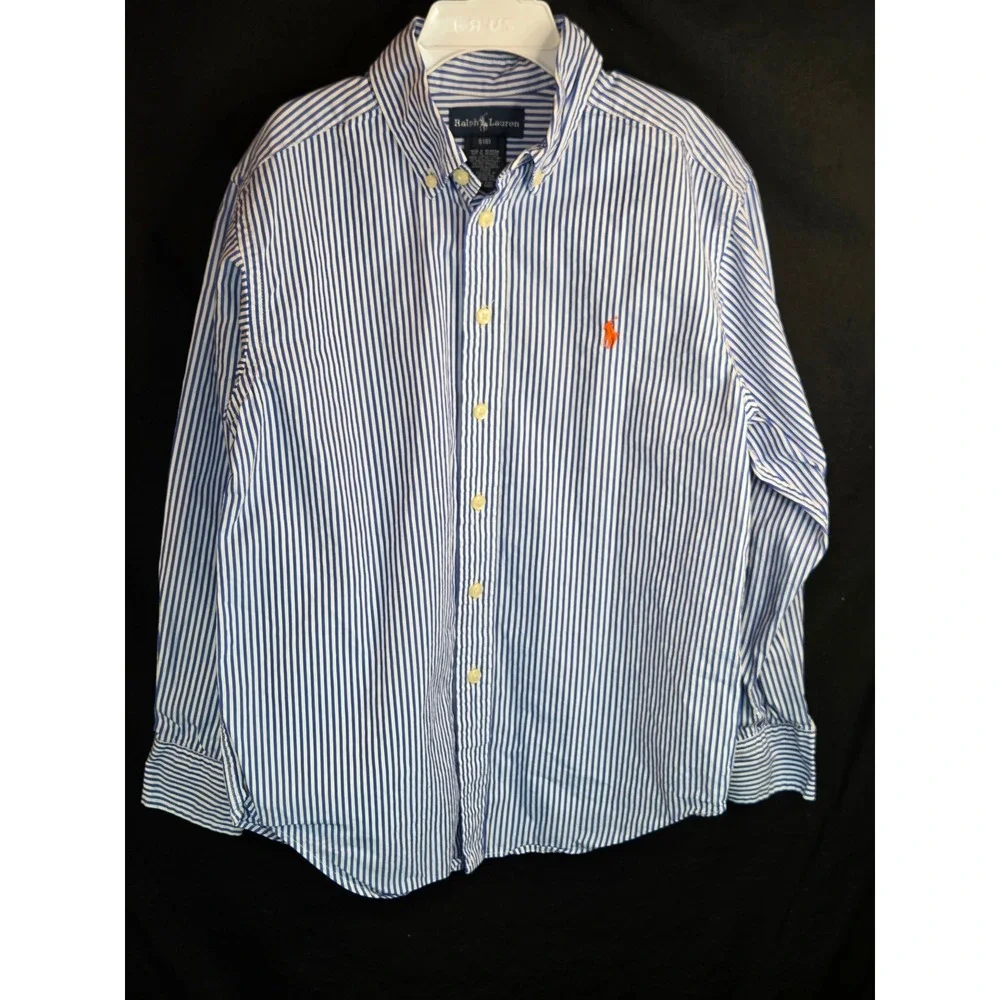 Ralph Lauren Kids Blue White Striped Button Down Shirt Size S 8 Orange Pony Logo
